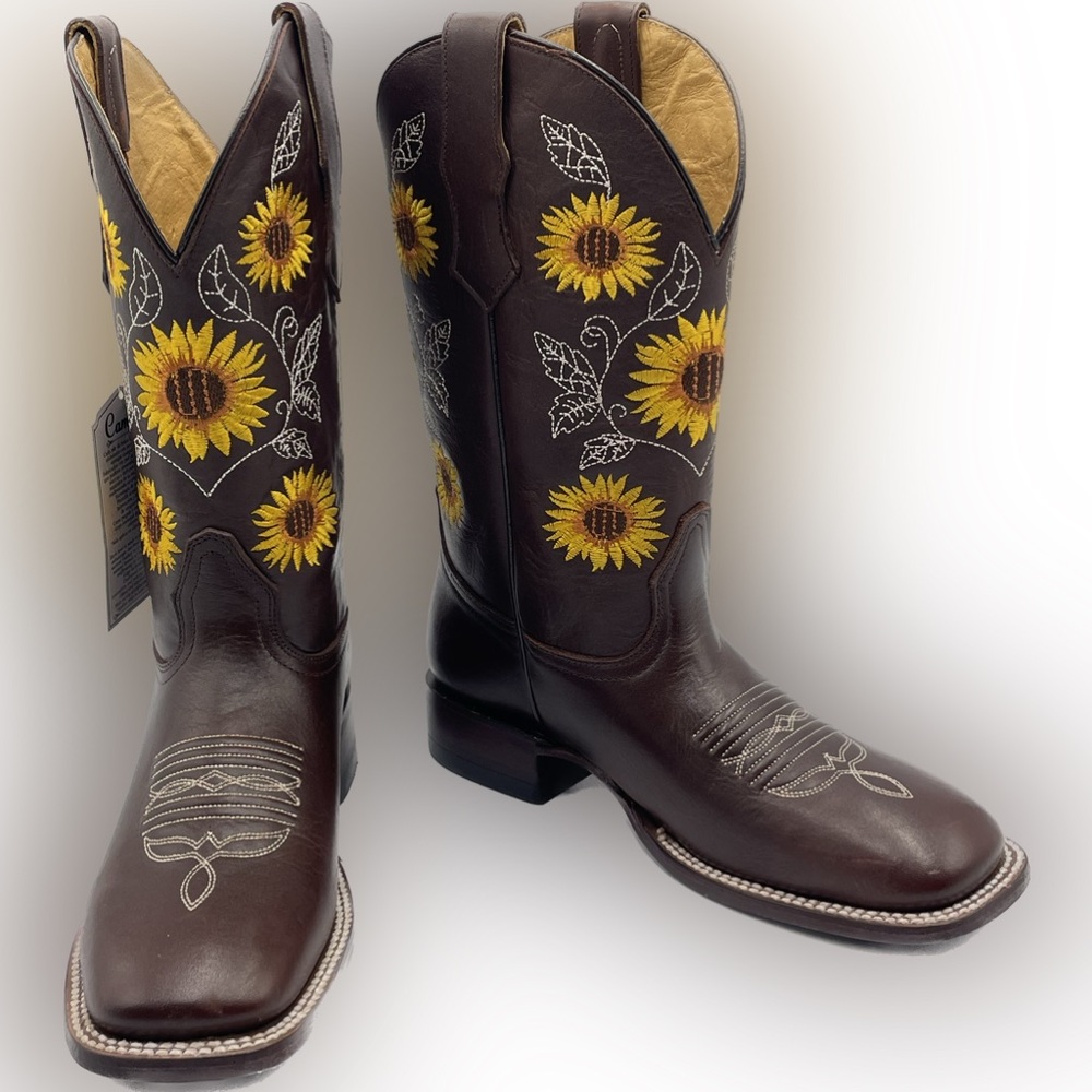 Camila Leather Square Toe Yellow Sunflower and White Embroider Cowboy Boots